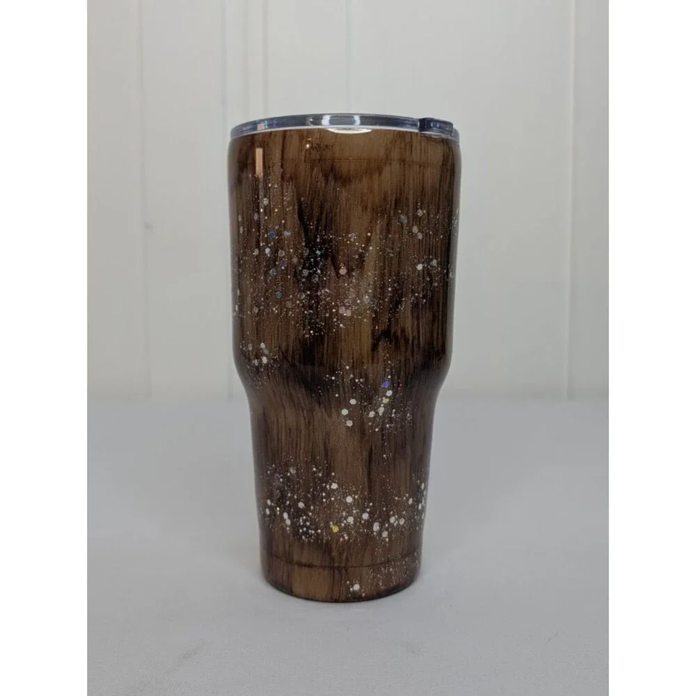 Handpainted Woodgrain Resin Tumbler - Light Brown & Silver Glitter,  30oz, New